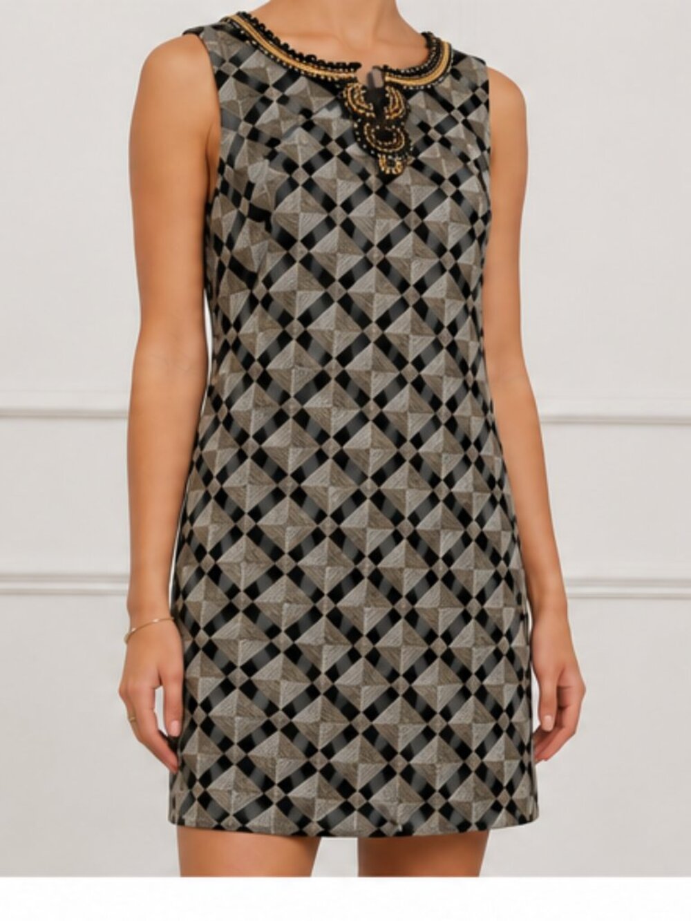 Ellen Tracy Embellished Linen Blend Shift Dress – Geometric Sleeveless Dress